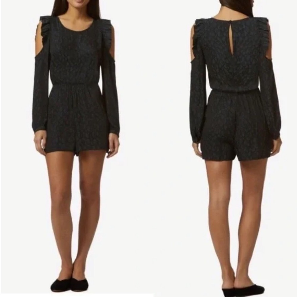 AVEC LES FILLES Romper Animal Print Black Teal Cold Shoulder Ruffle Size XS $98